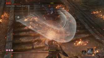 Screenshot from Sekiro: Shadows Die Twice video game with Long May the Shadows Reflect mod installed of player character fighting enemy with sparks and fire around them