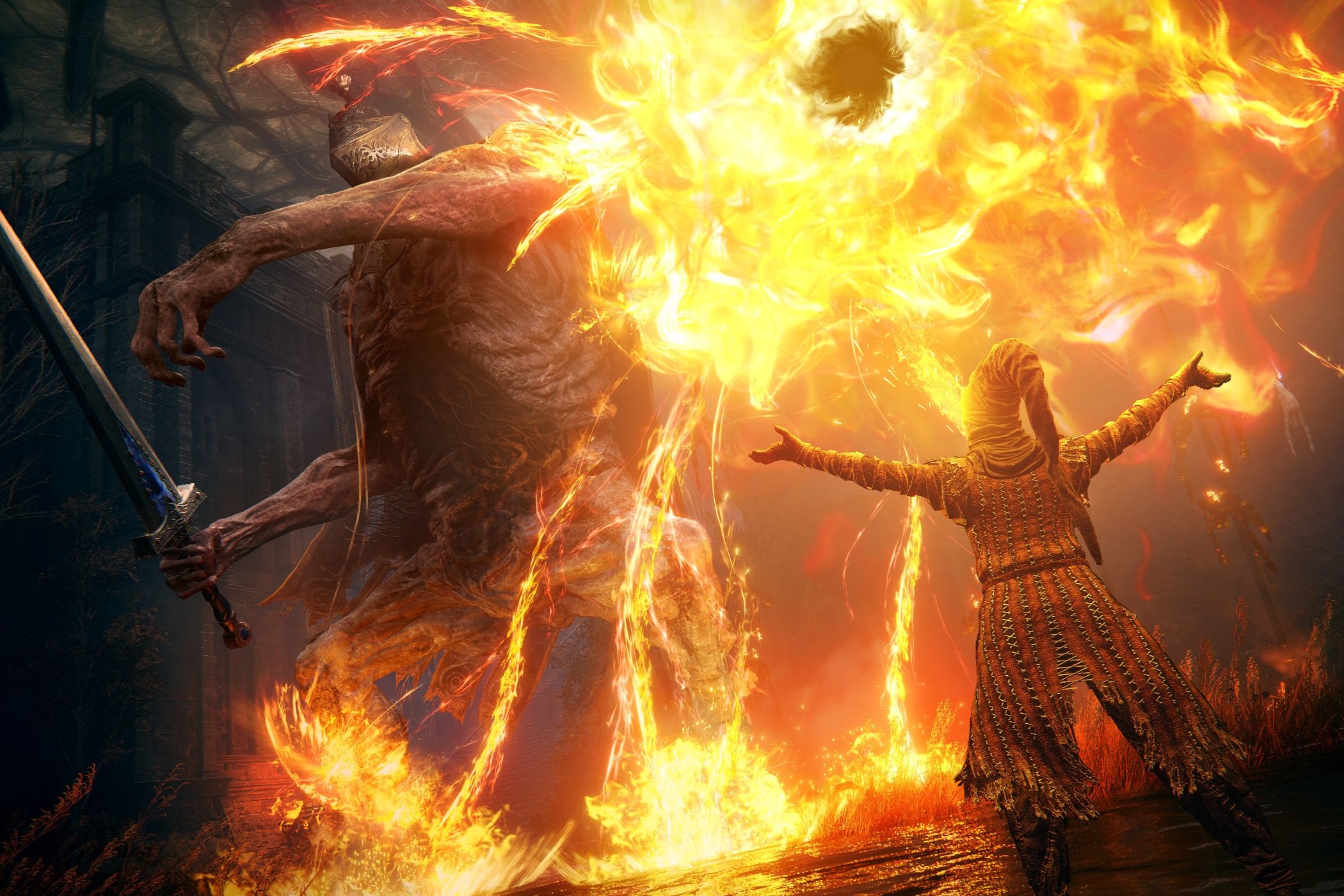 An image from the game Elden Ring: Shadow of the Erdtree, showing a character dressed in whimsical clothes fight a monster holding a sword with fire.