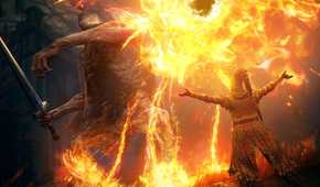 An image from the game Elden Ring: Shadow of the Erdtree, showing a character dressed in whimsical clothes fight a monster holding a sword with fire.