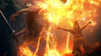 An image from the game Elden Ring: Shadow of the Erdtree, showing a character dressed in whimsical clothes fight a monster holding a sword with fire.