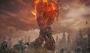 An image from the game Elden Ring: Shadow of the Erdtree, showing a huge creature with fire on its torso walk enchained while being escorted by knights.