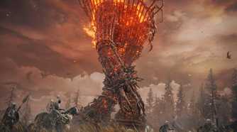 An image from the game Elden Ring: Shadow of the Erdtree, showing a huge creature with fire on its torso walk enchained while being escorted by knights.