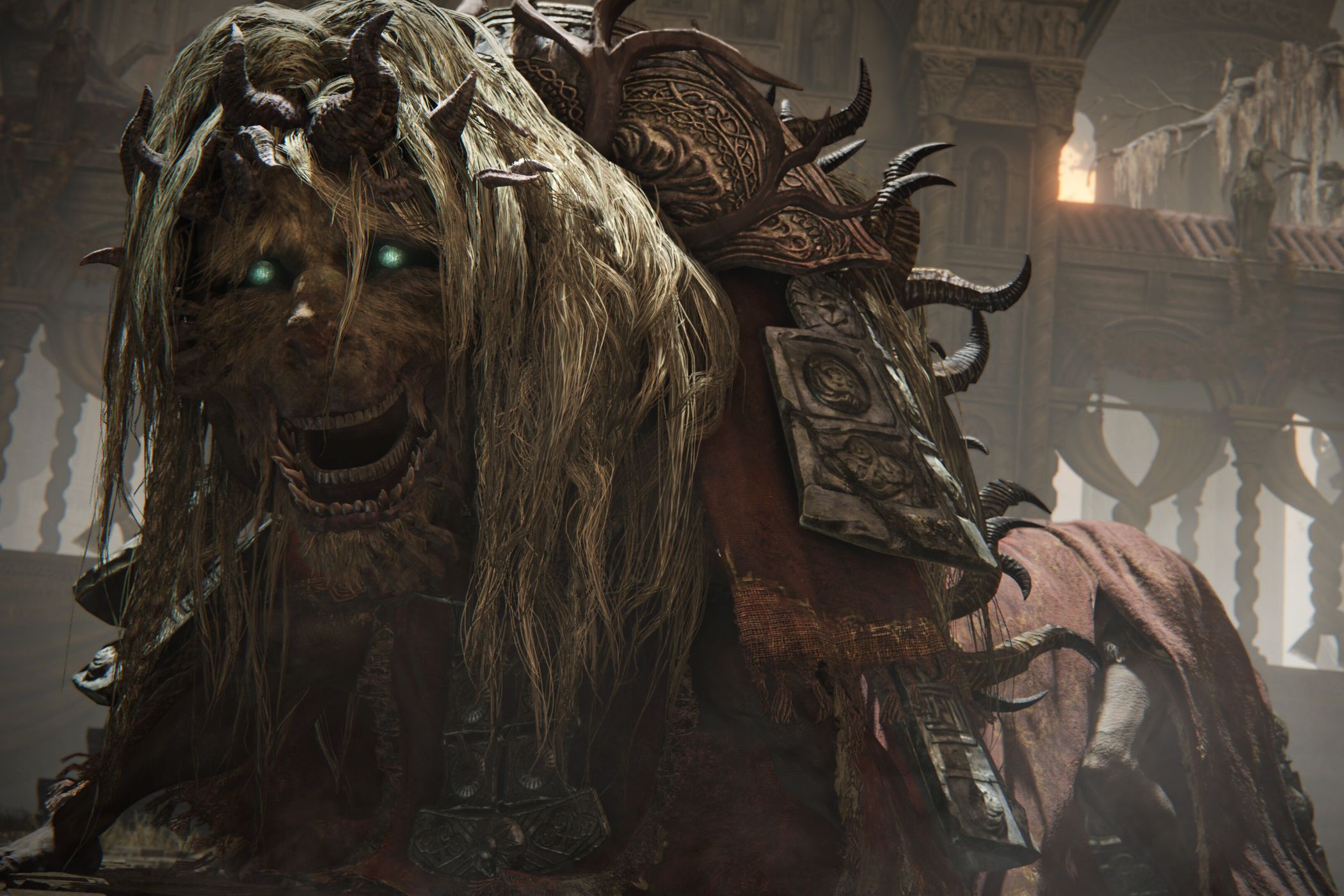 An image from the game Elden Ring: Shadow of the Erdtree, showing a strange creature with flowing white hair and glowing green eyes.