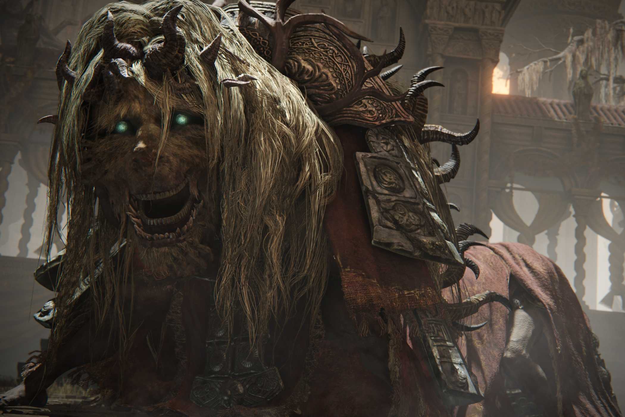 An image from the game Elden Ring: Shadow of the Erdtree, showing a strange creature with flowing white hair and glowing green eyes.
