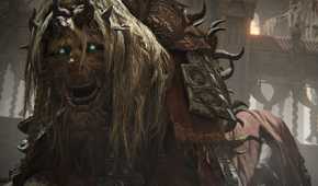 An image from the game Elden Ring: Shadow of the Erdtree, showing a strange creature with flowing white hair and glowing green eyes.