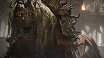 An image from the game Elden Ring: Shadow of the Erdtree, showing a strange creature with flowing white hair and glowing green eyes.