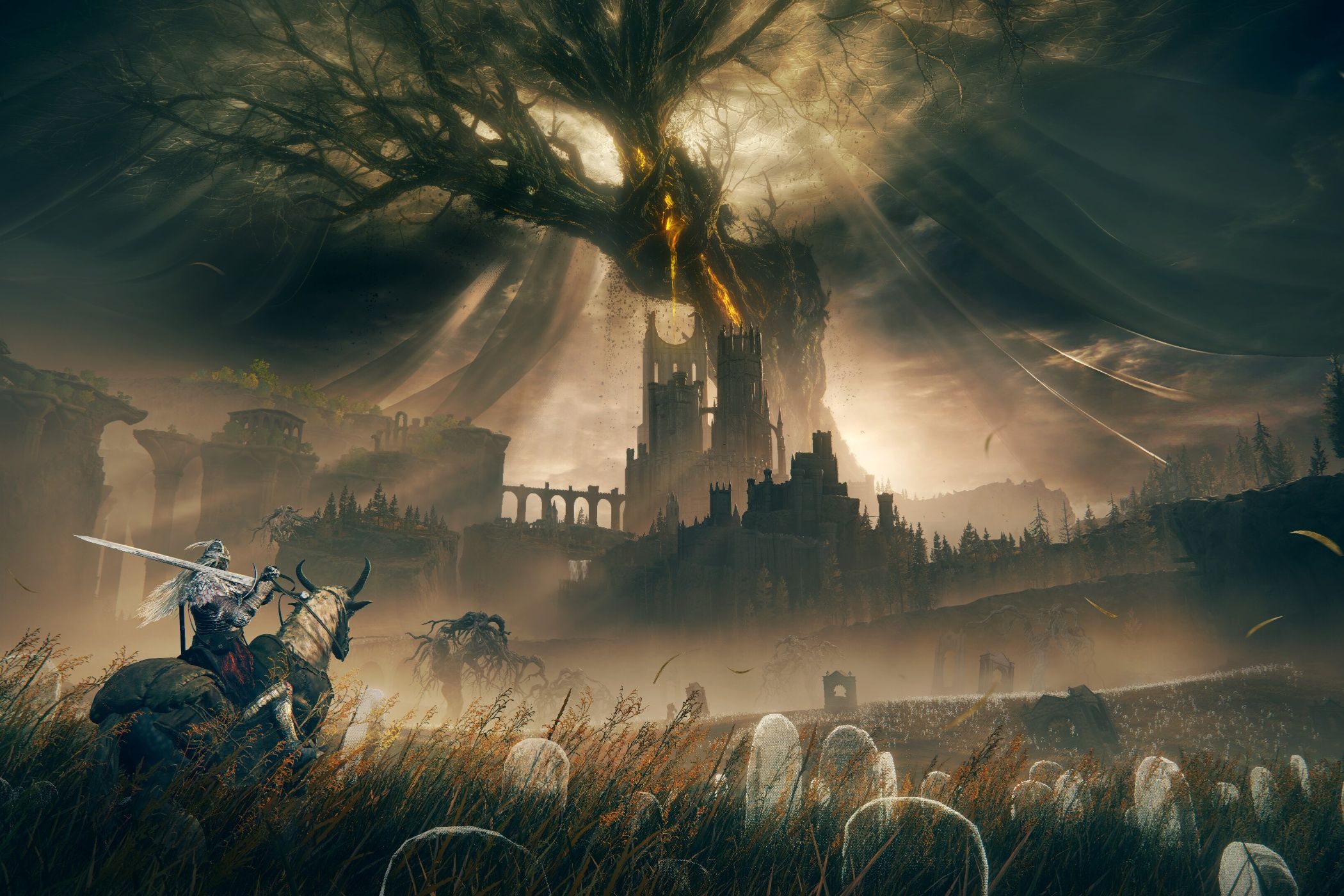 An image from the game Elden Ring: Shadow of the Erdtree, showing a person on horseback with a sword rested on their shoulder, looking at a huge tree in the distant background which seems to cover everything in sight.