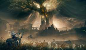 An image from the game Elden Ring: Shadow of the Erdtree, showing a person on horseback with a sword rested on their shoulder, looking at a huge tree in the distant background which seems to cover everything in sight.