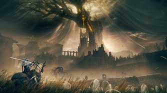 An image from the game Elden Ring: Shadow of the Erdtree, showing a person on horseback with a sword rested on their shoulder, looking at a huge tree in the distant background which seems to cover everything in sight.
