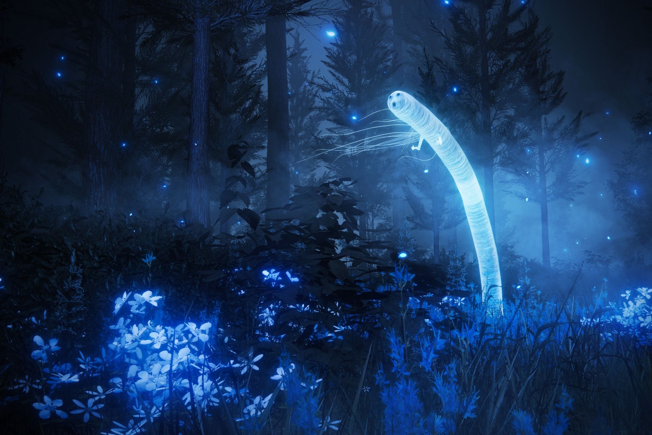 An image from the game Elden Ring: Shadow of the Erdtree, showing a cool, misty forest during night time, where flora and fauna shine.