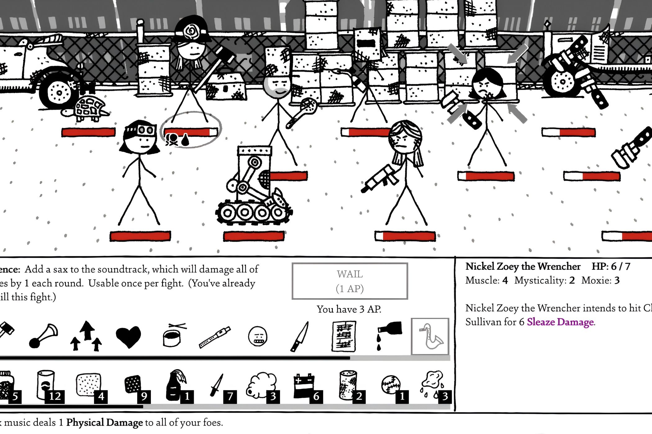 A screenshot from the game Shadows Over Loathing, showing the hand-drawn game's combat with multiple stick figures holding weapons with red health bars underneath them.