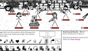 A screenshot from the game Shadows Over Loathing, showing the hand-drawn game's combat with multiple stick figures holding weapons with red health bars underneath them.