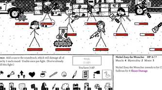 A screenshot from the game Shadows Over Loathing, showing the hand-drawn game's combat with multiple stick figures holding weapons with red health bars underneath them.