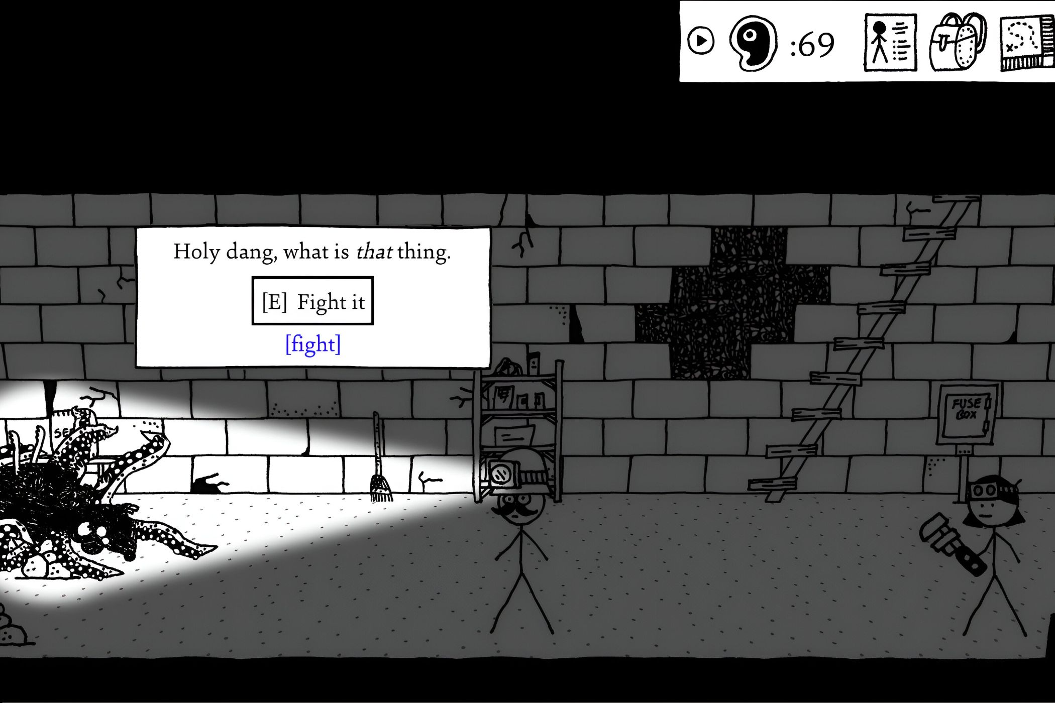 A screenshot from the game Shadows Over Loathing, showing two stick figures in a dark environment, shining light from their torches on a weird, hand-drawn creature.