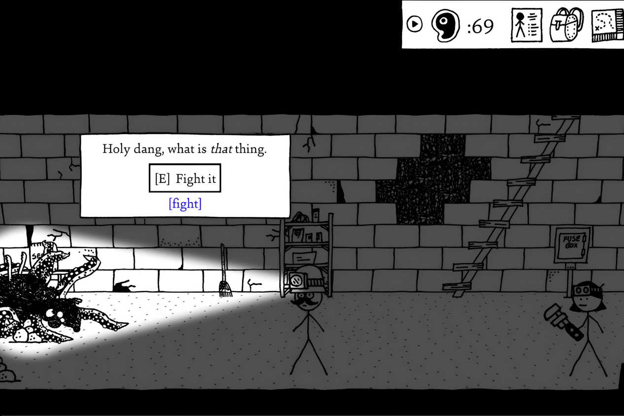 A screenshot from the game Shadows Over Loathing, showing two stick figures in a dark environment, shining light from their torches on a weird, hand-drawn creature.