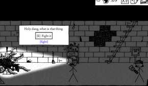 A screenshot from the game Shadows Over Loathing, showing two stick figures in a dark environment, shining light from their torches on a weird, hand-drawn creature.