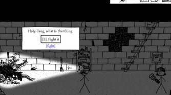 A screenshot from the game Shadows Over Loathing, showing two stick figures in a dark environment, shining light from their torches on a weird, hand-drawn creature.