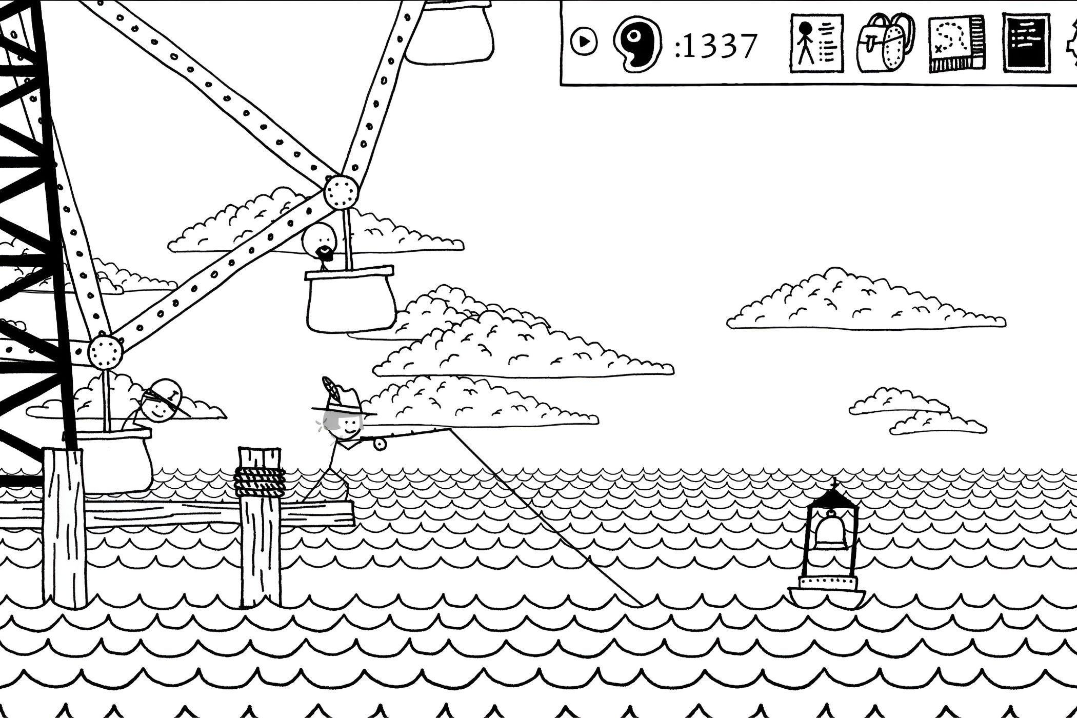A screenshot from the game Shadows Over Loathing, A screenshot from the game Shadows Over Loathing, showing a hand-drawn environment where a stick figure is fishing in the sea using a fishing rod.