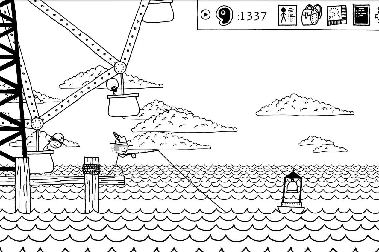A screenshot from the game Shadows Over Loathing, A screenshot from the game Shadows Over Loathing, showing a hand-drawn environment where a stick figure is fishing in the sea using a fishing rod.