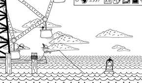 A screenshot from the game Shadows Over Loathing, A screenshot from the game Shadows Over Loathing, showing a hand-drawn environment where a stick figure is fishing in the sea using a fishing rod.