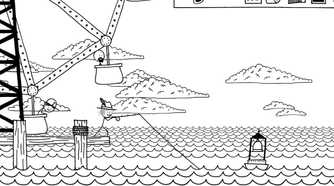 A screenshot from the game Shadows Over Loathing, A screenshot from the game Shadows Over Loathing, showing a hand-drawn environment where a stick figure is fishing in the sea using a fishing rod.