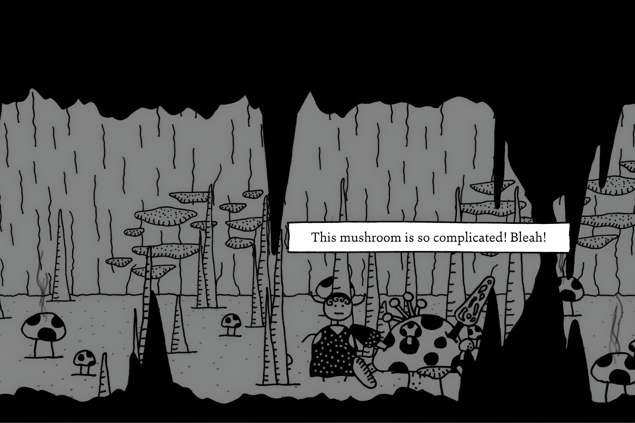 A screenshot from the game Shadows Over Loathing, showing a dark hand-drawn cave.