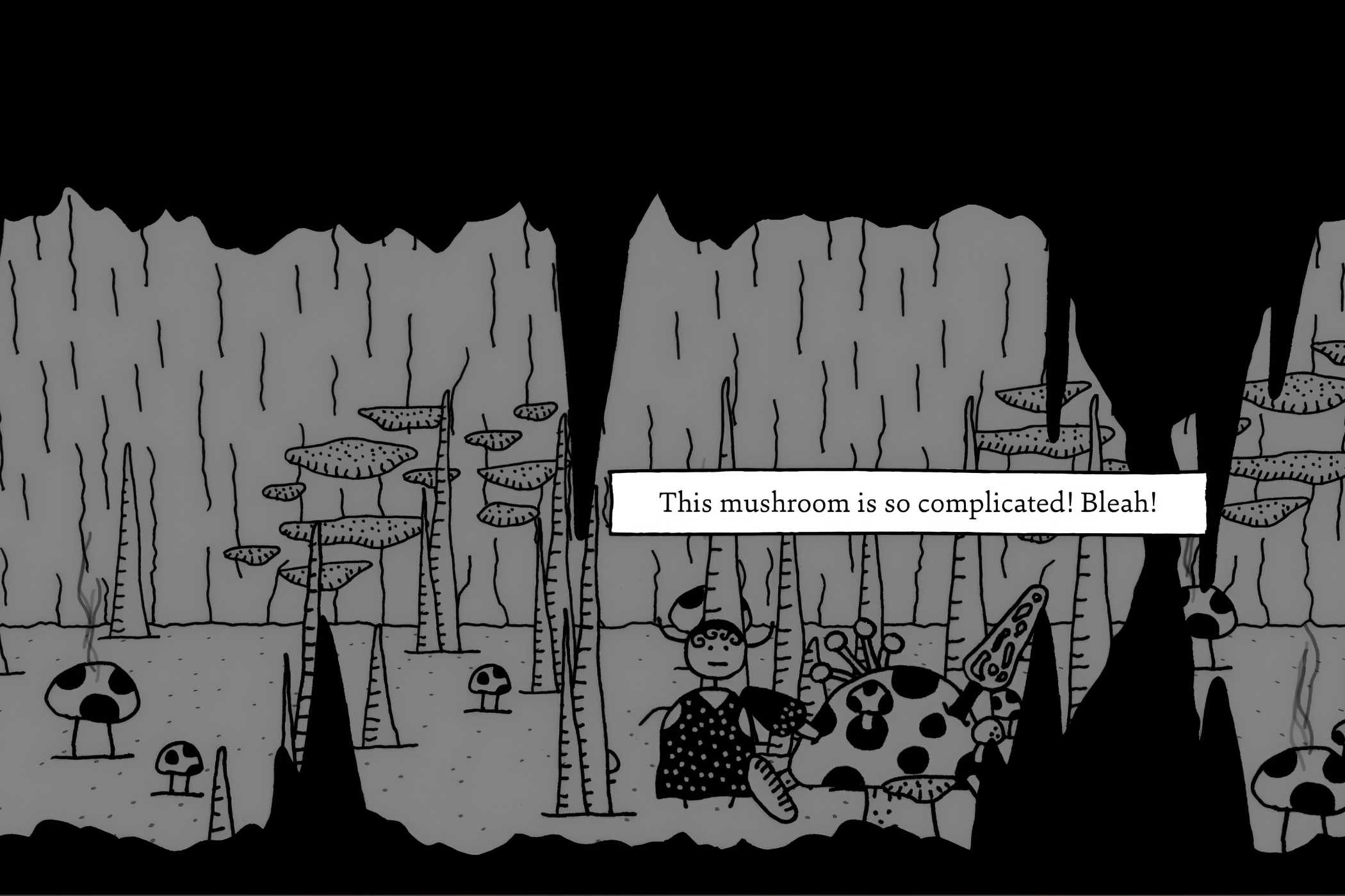 A screenshot from the game Shadows Over Loathing, showing a dark hand-drawn cave.