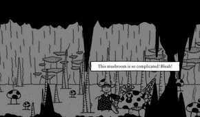 A screenshot from the game Shadows Over Loathing, showing a dark hand-drawn cave.