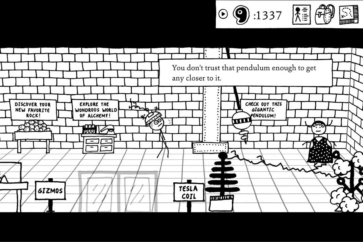 A screenshot from the game Shadows Over Loathing, showing the game's minimalist, hand-drawn, sketchbook-esque art style.
