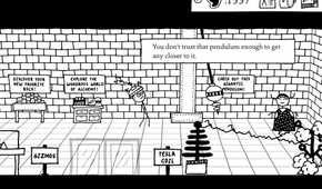 A screenshot from the game Shadows Over Loathing, showing the game's minimalist, hand-drawn, sketchbook-esque art style.