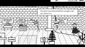 A screenshot from the game Shadows Over Loathing, showing the game's minimalist, hand-drawn, sketchbook-esque art style.