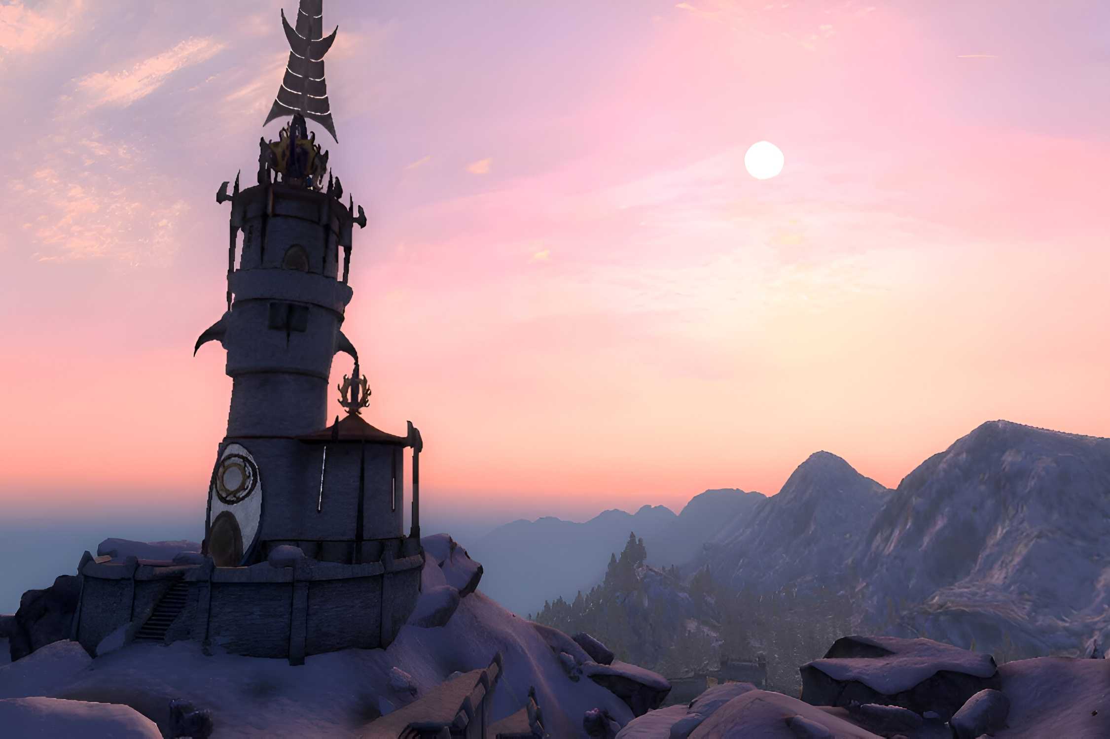 An image from the game The Elder Scrolls IV: Oblivion, showing a beautiful pink sky with a small tower in the foreground.