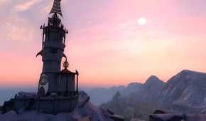 An image from the game The Elder Scrolls IV: Oblivion, showing a beautiful pink sky with a small tower in the foreground.