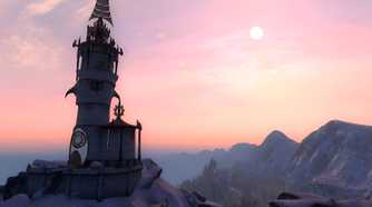 An image from the game The Elder Scrolls IV: Oblivion, showing a beautiful pink sky with a small tower in the foreground.