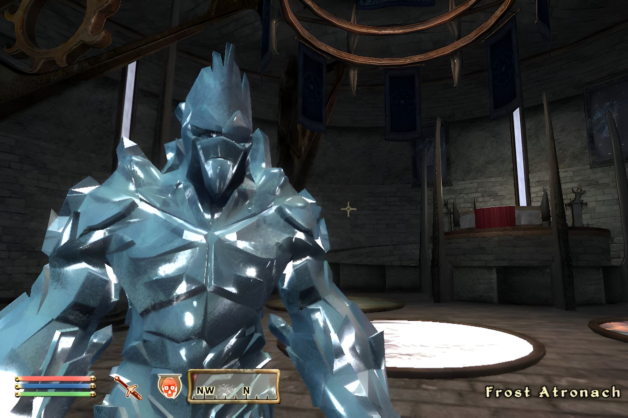 An image from the game The Elder Scrolls IV: Oblivion, showing a creature made of frost, from the expansion Shivering Isles.