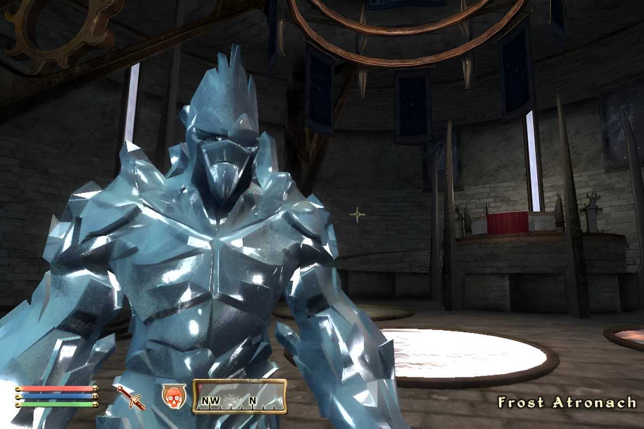 An image from the game The Elder Scrolls IV: Oblivion, showing a creature made of frost, from the expansion Shivering Isles.