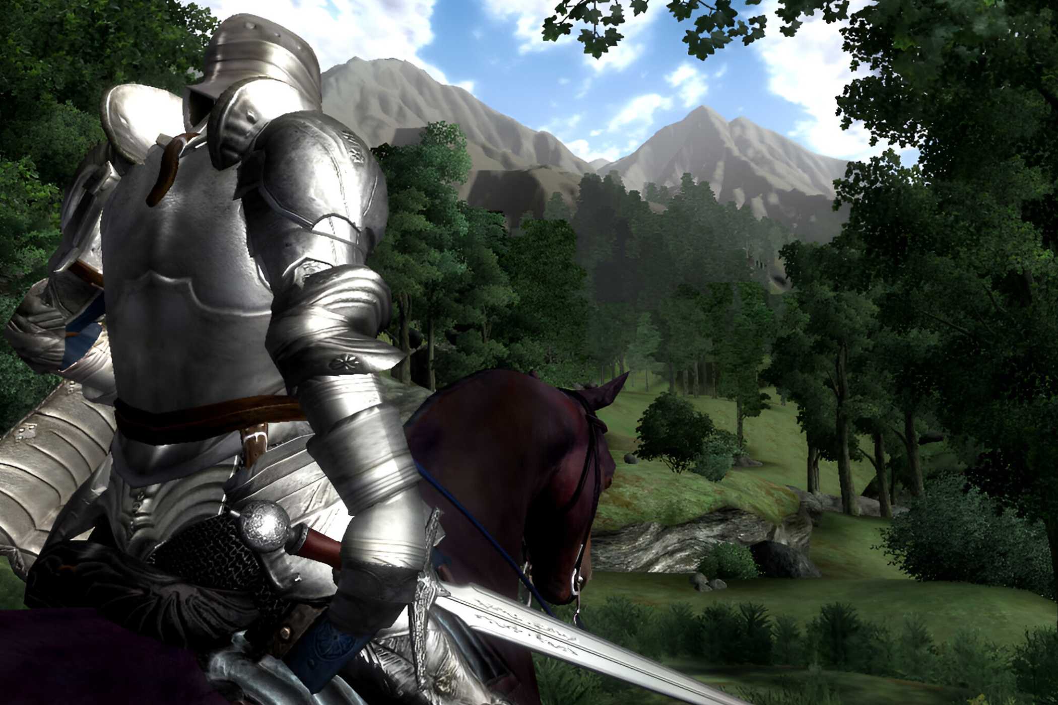 An image from the game The Elder Scrolls IV: Oblivion, showing a knight in armor, wielding a sword and riding on horseback into the forest.