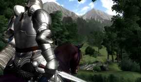 An image from the game The Elder Scrolls IV: Oblivion, showing a knight in armor, wielding a sword and riding on horseback into the forest.