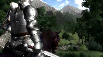 An image from the game The Elder Scrolls IV: Oblivion, showing a knight in armor, wielding a sword and riding on horseback into the forest.