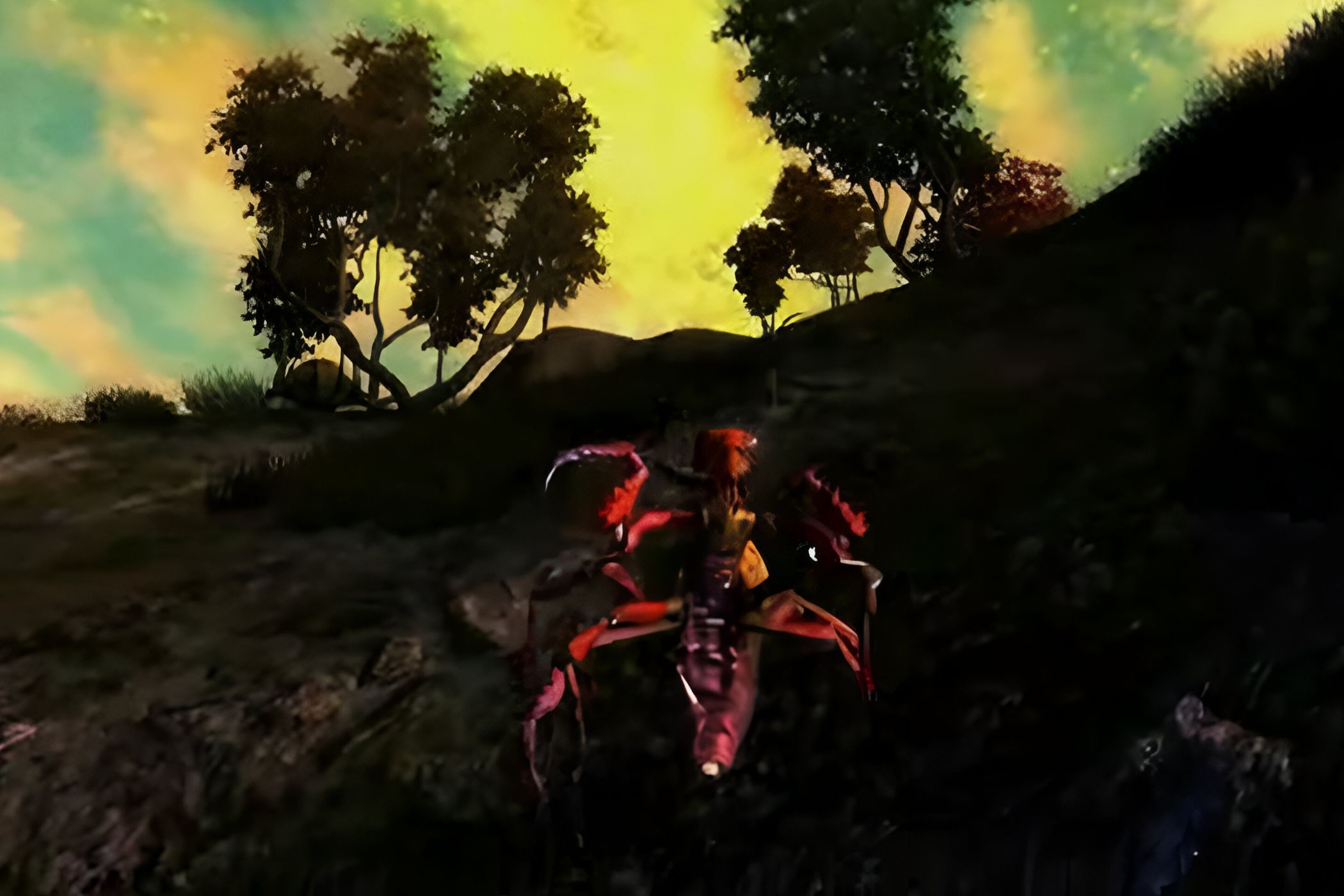An image from the game The Elder Scrolls IV: Oblivion- Shivering Isles, showing a red, hostile creature attack the viewer.