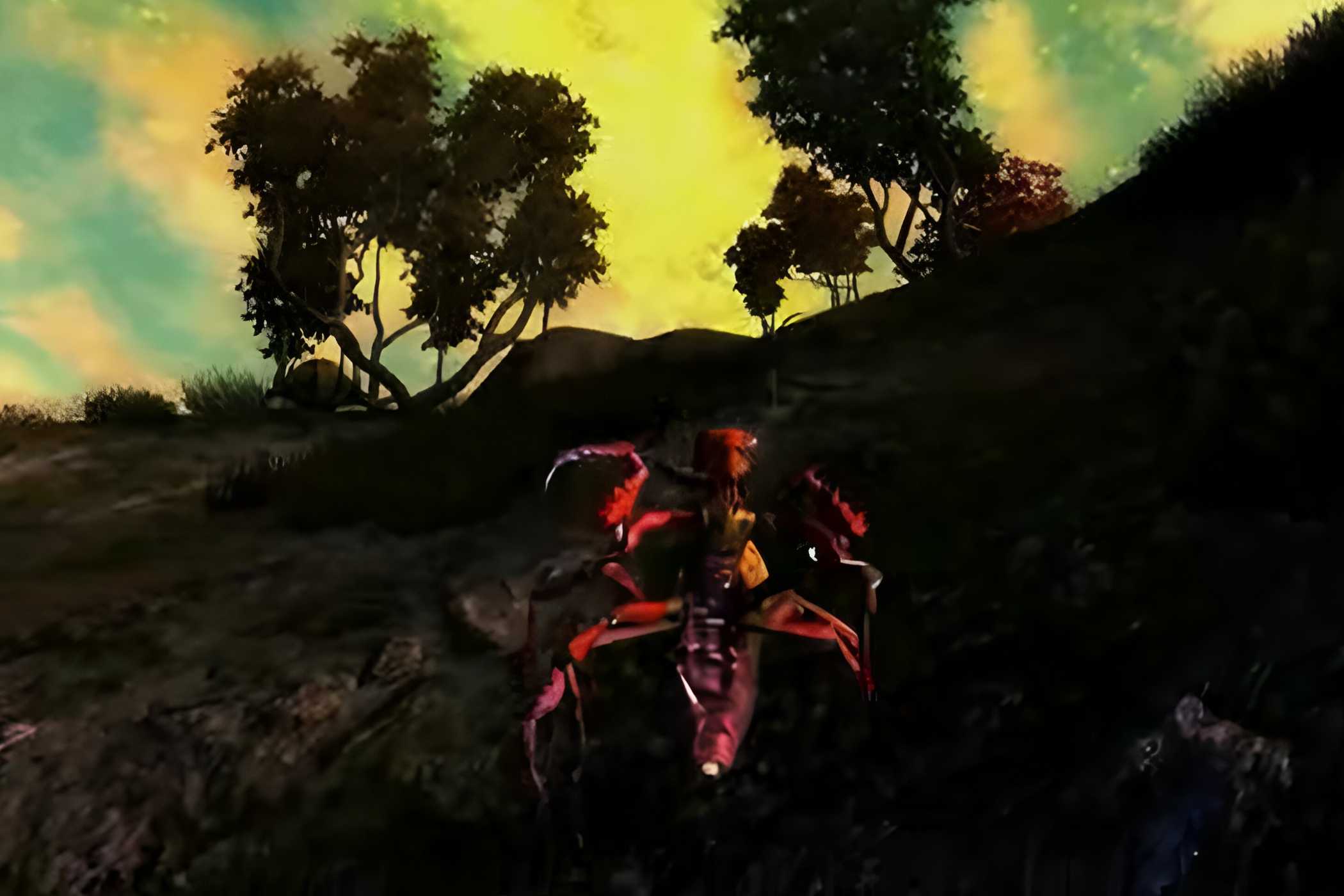An image from the game The Elder Scrolls IV: Oblivion- Shivering Isles, showing a red, hostile creature attack the viewer.