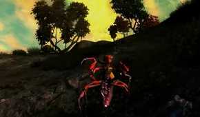 An image from the game The Elder Scrolls IV: Oblivion- Shivering Isles, showing a red, hostile creature attack the viewer.