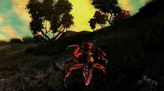 An image from the game The Elder Scrolls IV: Oblivion- Shivering Isles, showing a red, hostile creature attack the viewer.