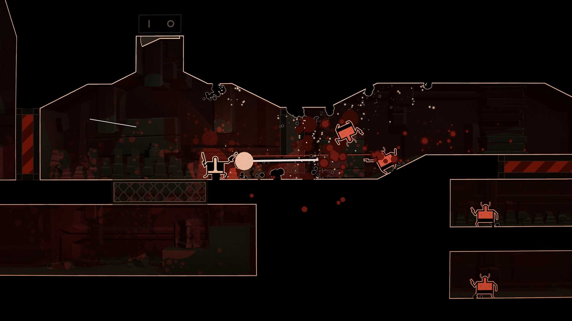 Screenshot from Shotgun Cop Man video game of Shotgun Cop Man firing at enemies in 2D space