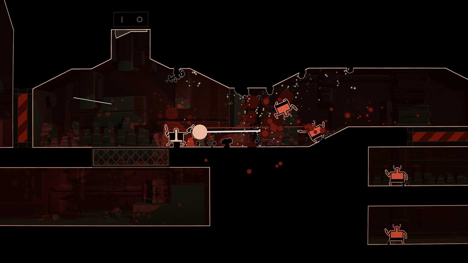 Screenshot from Shotgun Cop Man video game of Shotgun Cop Man firing at enemies in 2D space