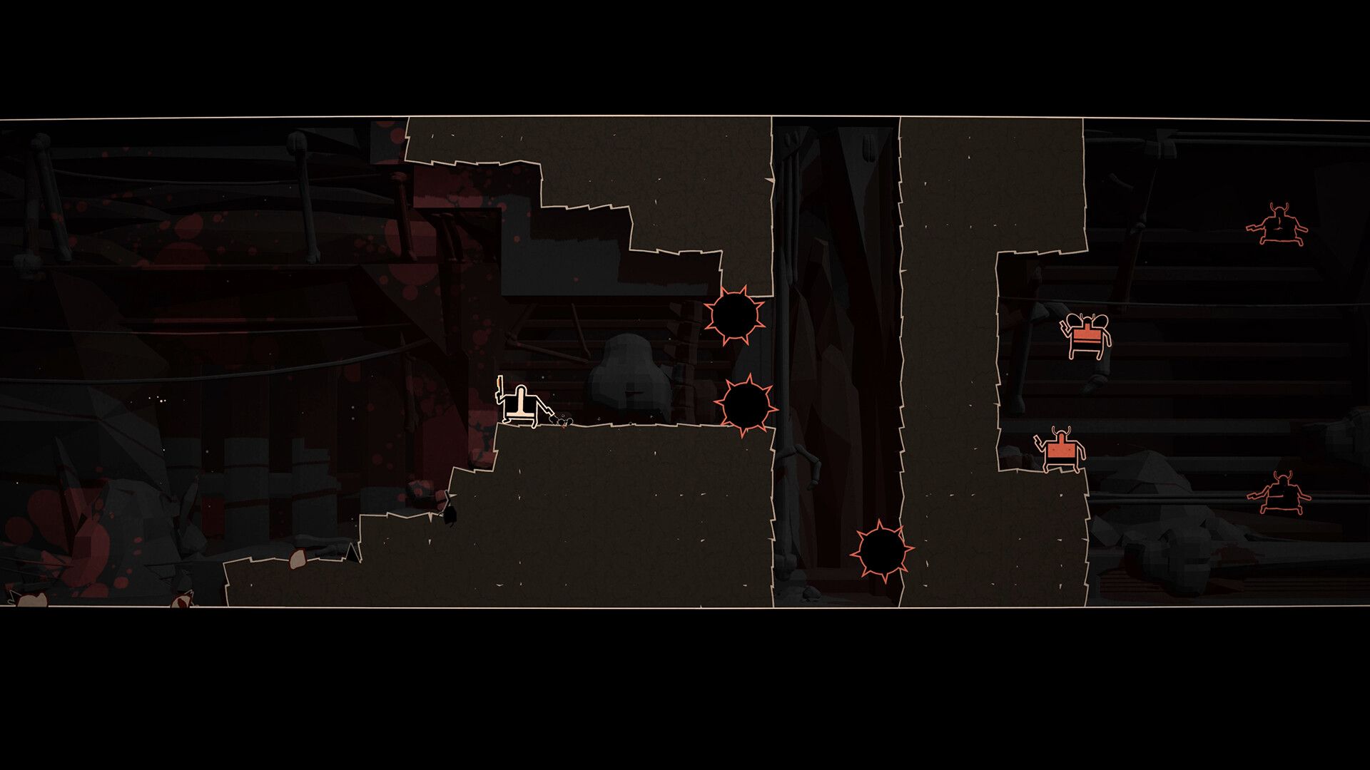Screenshot from Shotgun Cop Man video game of Shotgun Cop Man waiting to avoid hazardous saws