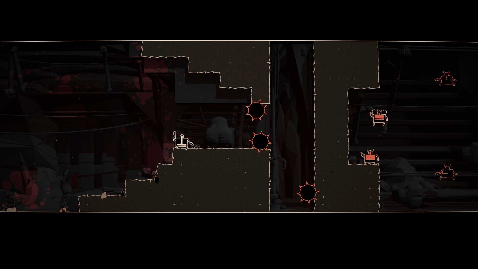 Screenshot from Shotgun Cop Man video game of Shotgun Cop Man waiting to avoid hazardous saws