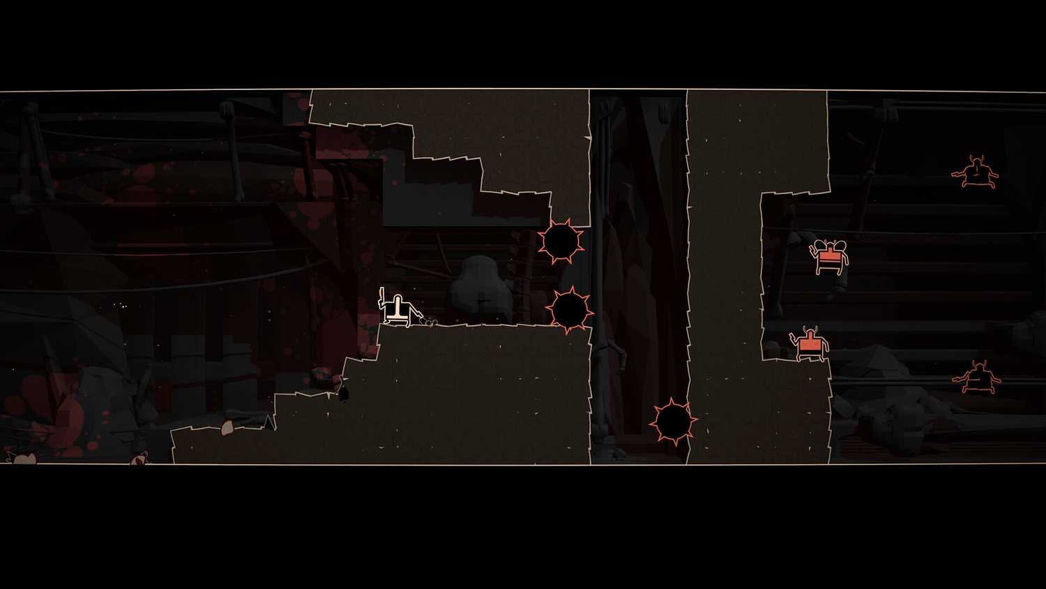 Screenshot from Shotgun Cop Man video game of Shotgun Cop Man waiting to avoid hazardous saws