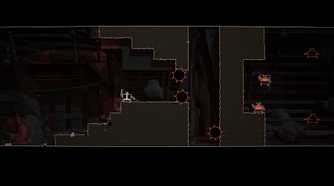 Screenshot from Shotgun Cop Man video game of Shotgun Cop Man waiting to avoid hazardous saws