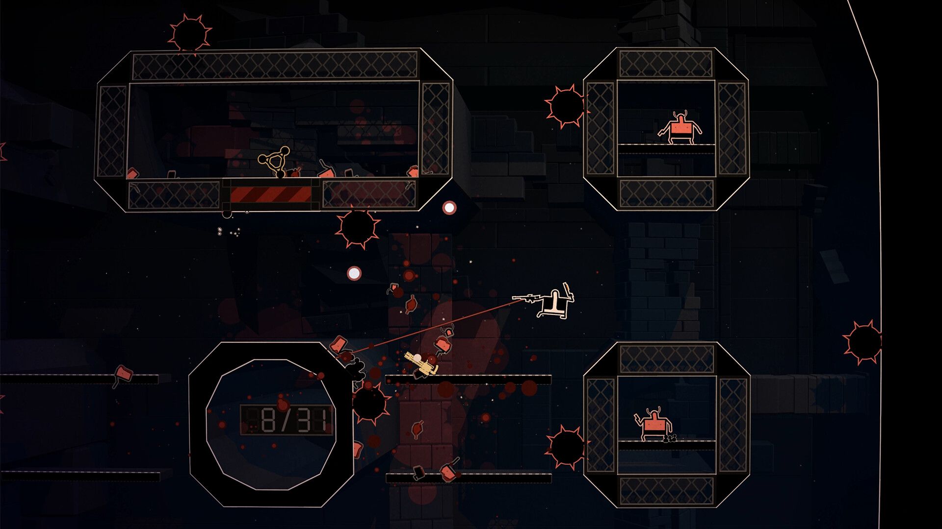 Screenshot from Shotgun Cop Man video game of Shotgun Cop Man firing at enemies in boxes